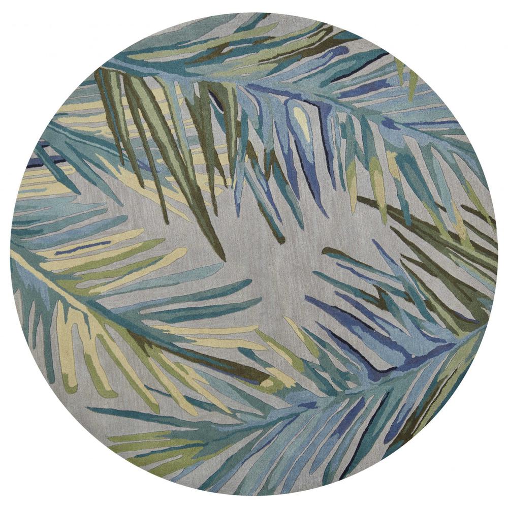 6' Grey Blue Hand Tufted Tropical Palms Indoor Area Rug - 354157. Picture 1