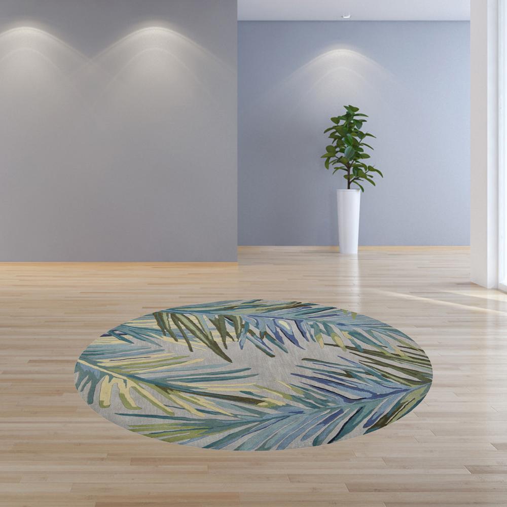 6' Grey Blue Hand Tufted Tropical Palms Indoor Area Rug - 354157. Picture 4