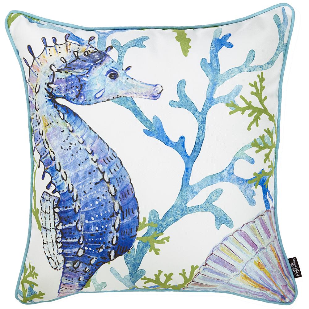 Square White Blue And Green Seahorse Decorative Throw Pillow Cover - 355457. Picture 1