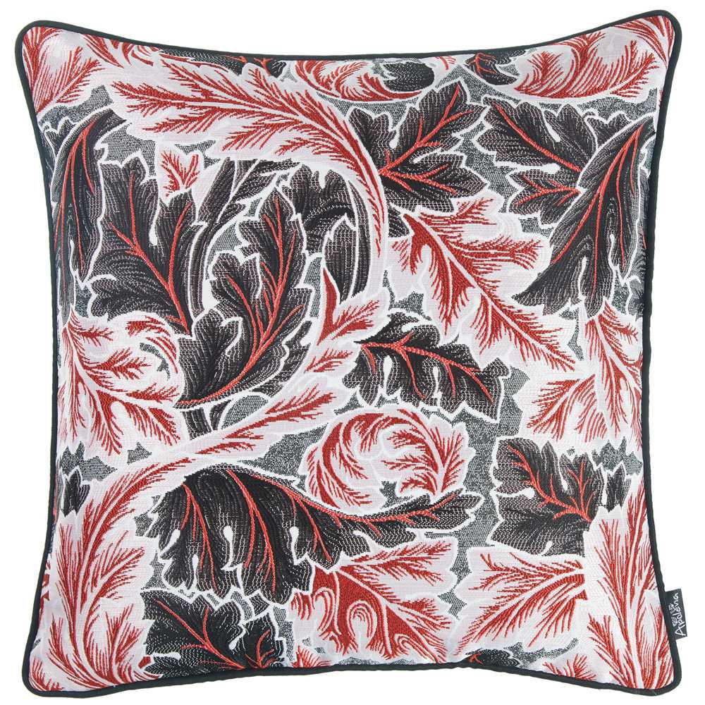 Black Red and White Jacquard Leaf Decorative Throw Pillow Cover - 355482. Picture 2