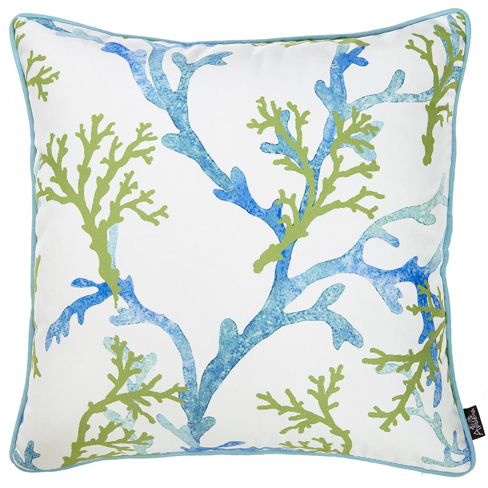 Square White Blue And Green Coral Decorative Throw Pillow Cover - 355489. Picture 1