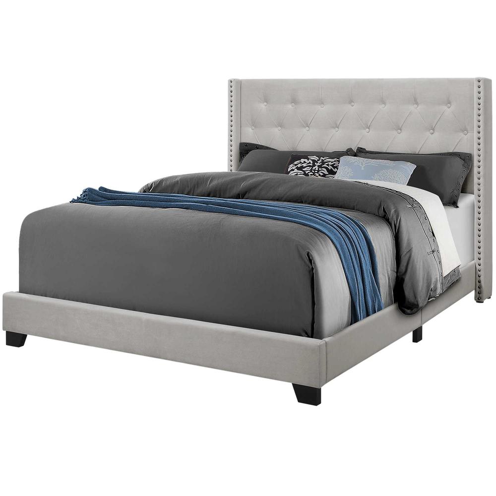 66.5" x 87.5" x 49.75" Light Grey Velvet With Chrome Trim  Queen Size Bed - 355769. Picture 1