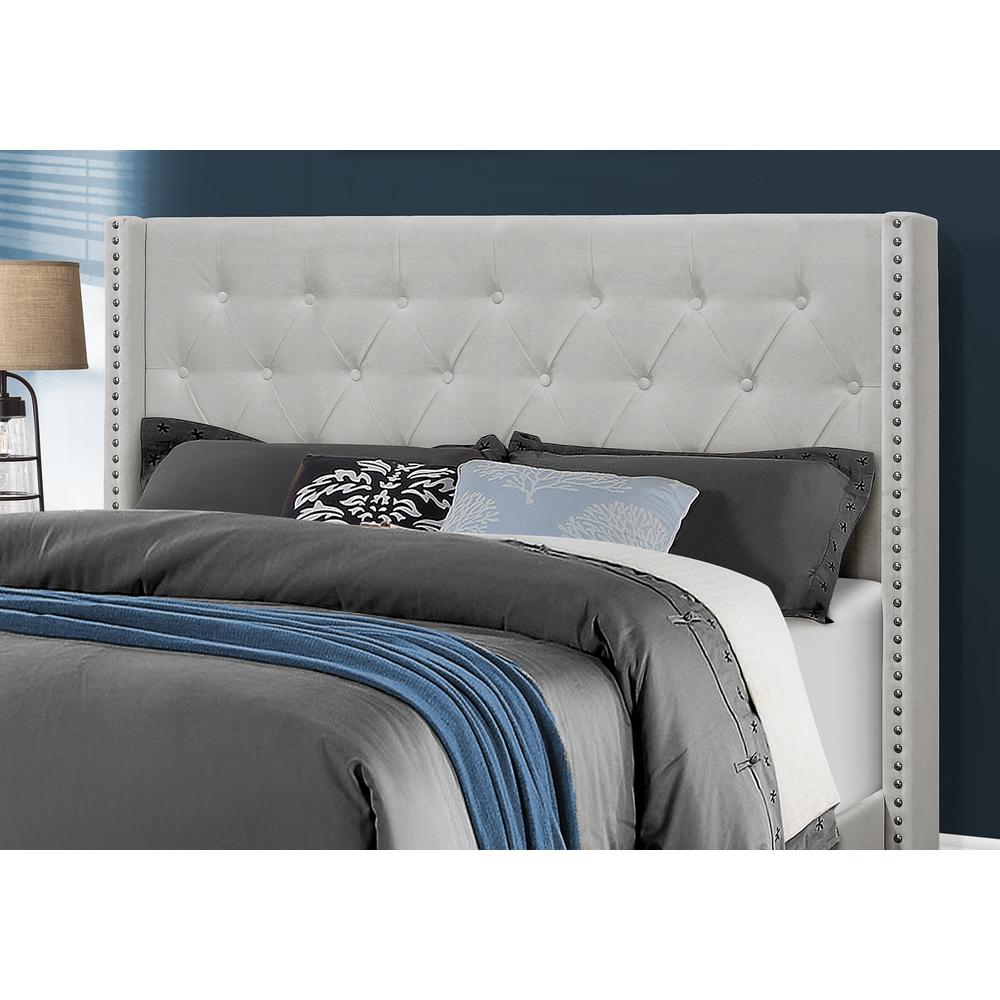 66.5" x 87.5" x 49.75" Light Grey Velvet With Chrome Trim  Queen Size Bed - 355769. Picture 2