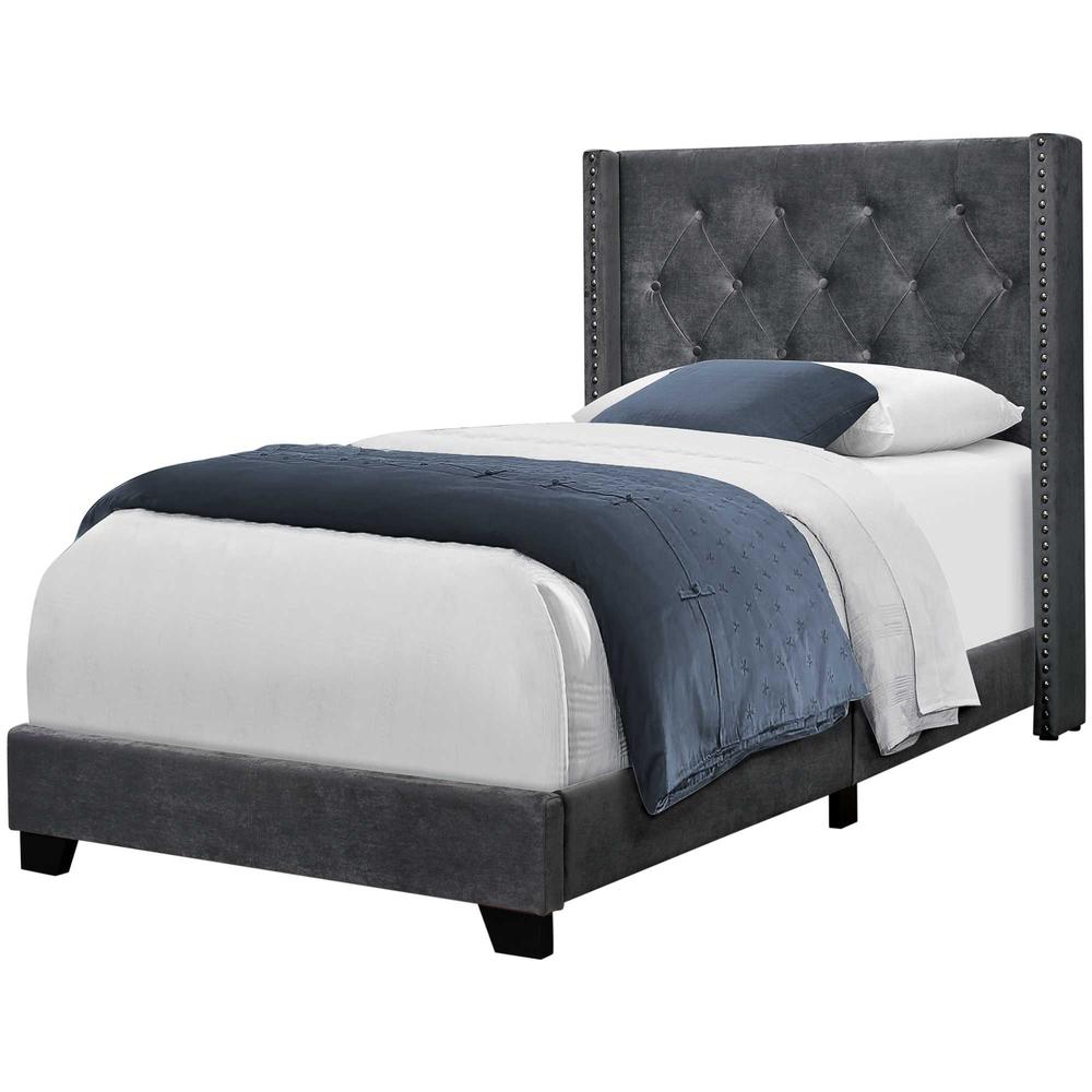 45.25" x 82.75" x 49.75" Dark Grey Velvet With Chrome Trim - Twin Size Bed - 355771. Picture 1