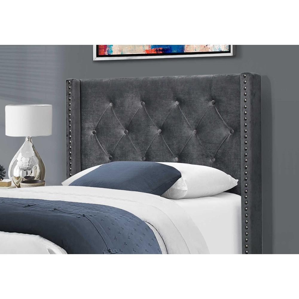 45.25" x 82.75" x 49.75" Dark Grey Velvet With Chrome Trim - Twin Size Bed - 355771. Picture 2