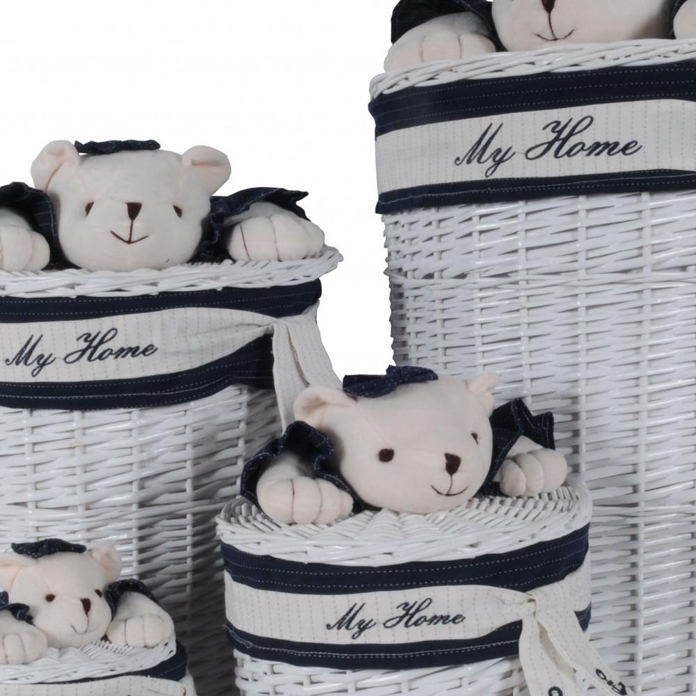 17.5" X 17.5" X 28" White blue Oval willow bear Design basket Set Of 4. Picture 5