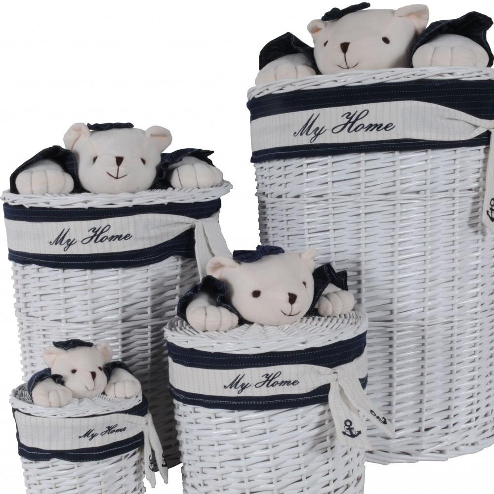 17.5" X 17.5" X 28" White blue Oval willow bear Design basket Set Of 4. Picture 6