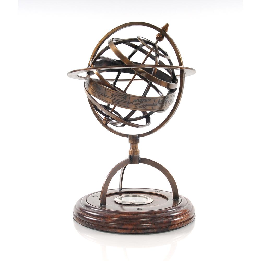 7" x 7" x 11" Brass Armillary With Compass On Wood Base - 364212. Picture 1