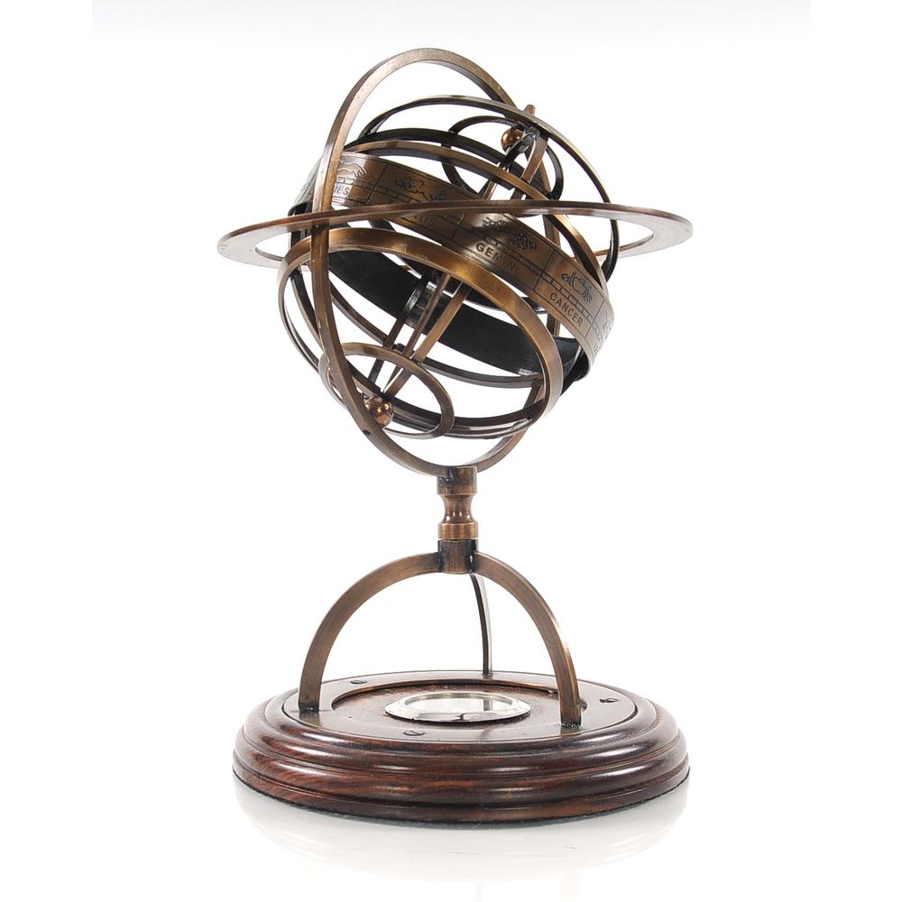 7" x 7" x 11" Brass Armillary With Compass On Wood Base - 364212. Picture 2