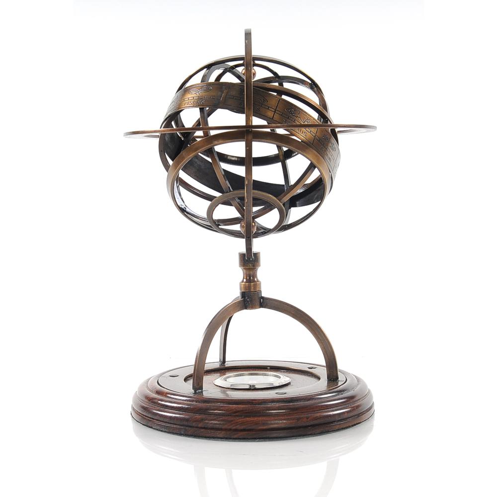 7" x 7" x 11" Brass Armillary With Compass On Wood Base - 364212. Picture 3