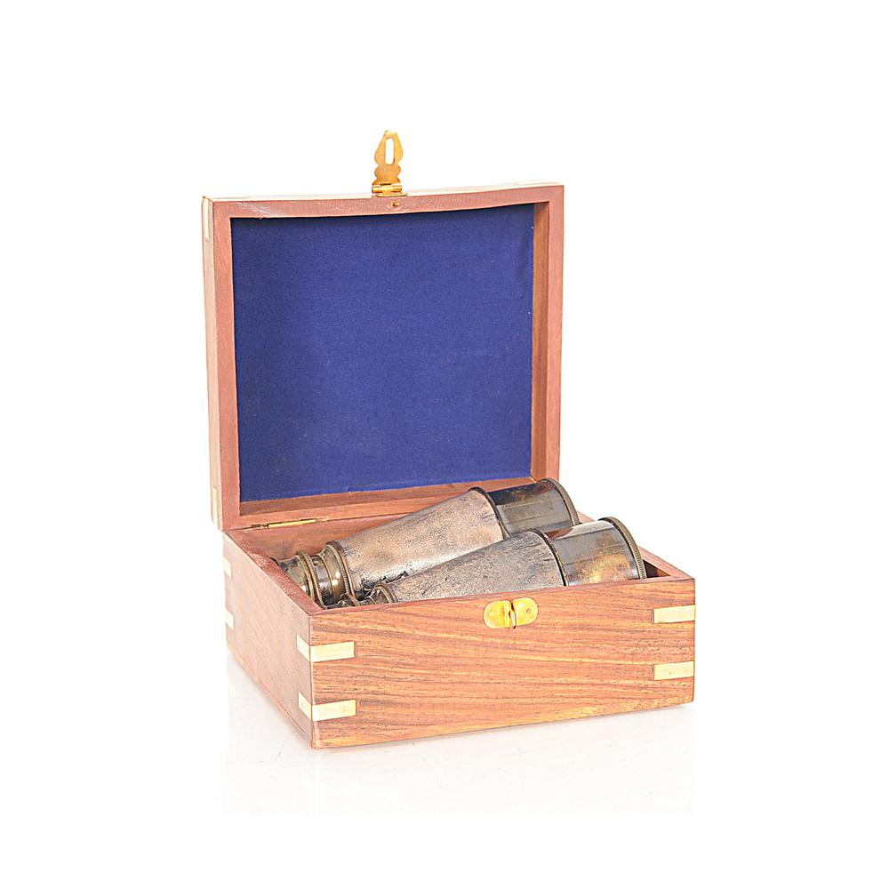 Rustic Brass and Leather Binoculars in Wood Storage Box - 364324. Picture 1