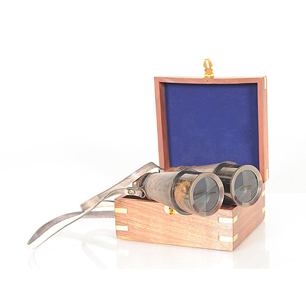 Rustic Brass and Leather Binoculars in Wood Storage Box - 364324. Picture 2
