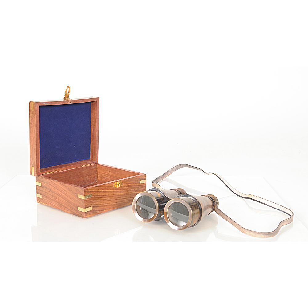 Rustic Brass and Leather Binoculars in Wood Storage Box - 364324. Picture 3
