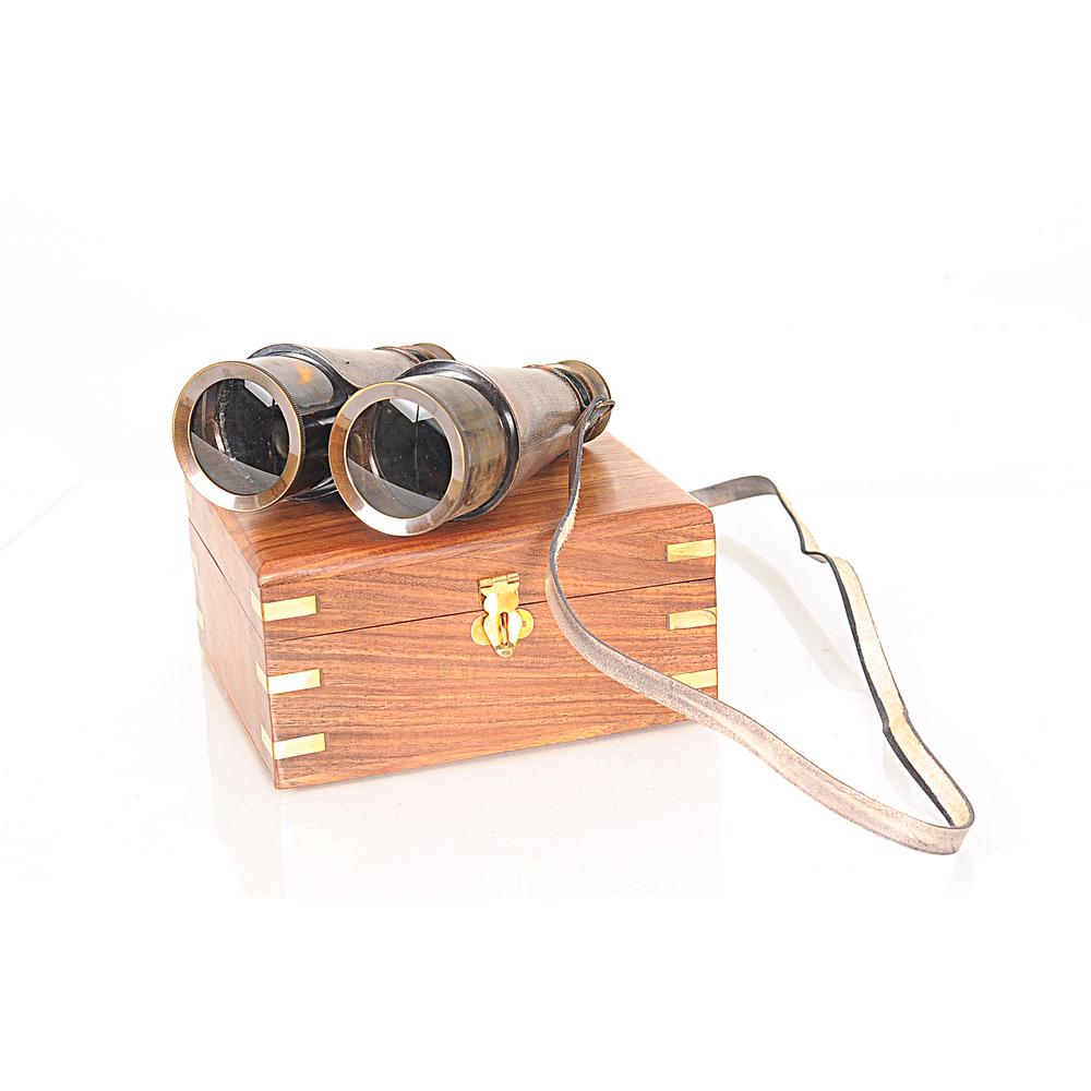 Rustic Brass and Leather Binoculars in Wood Storage Box - 364324. Picture 4
