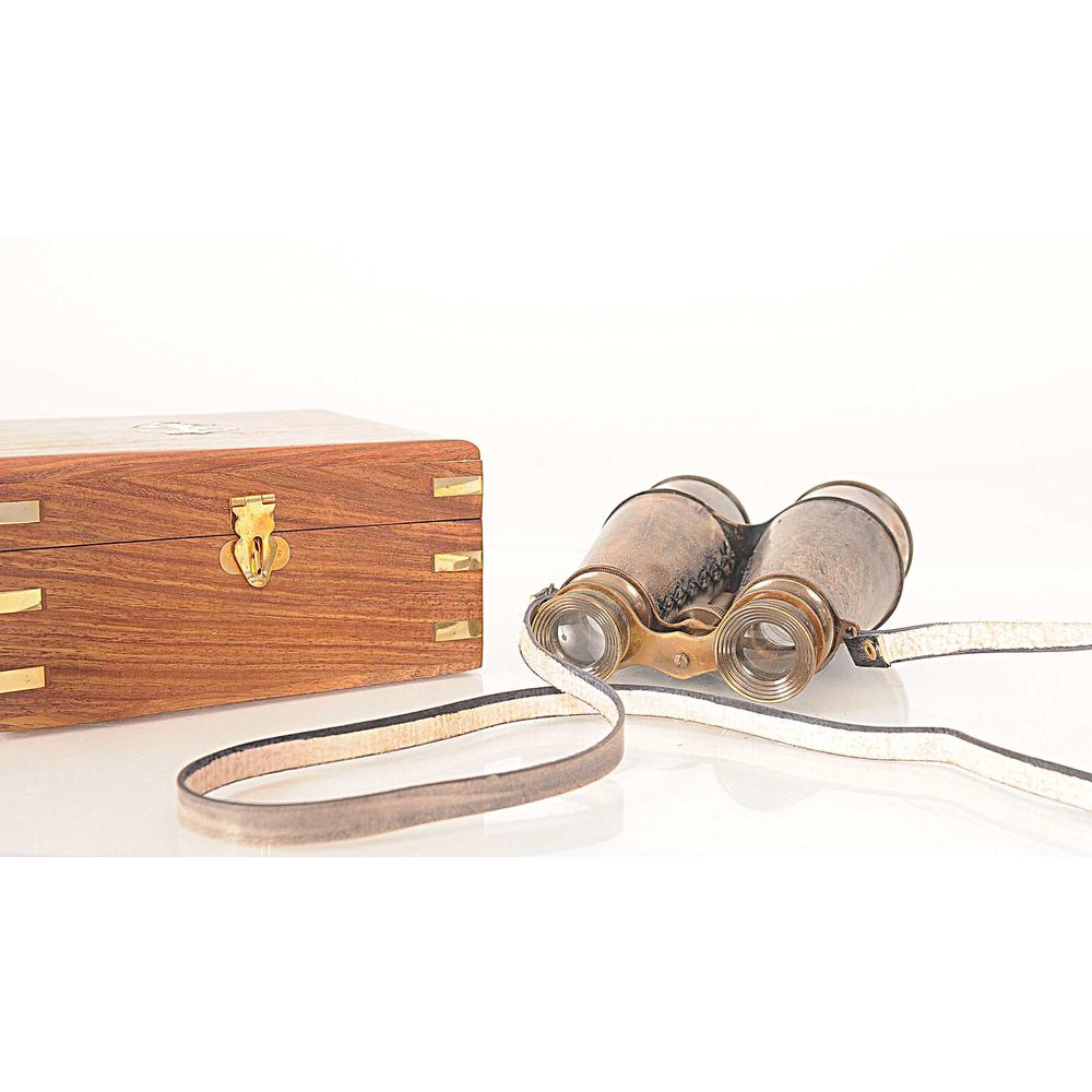 Rustic Brass and Leather Binoculars in Wood Storage Box - 364324. Picture 6