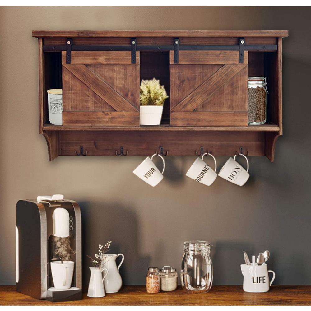 Rustic Wooden Shelf with Barn Door Storage and Hooks. Picture 3