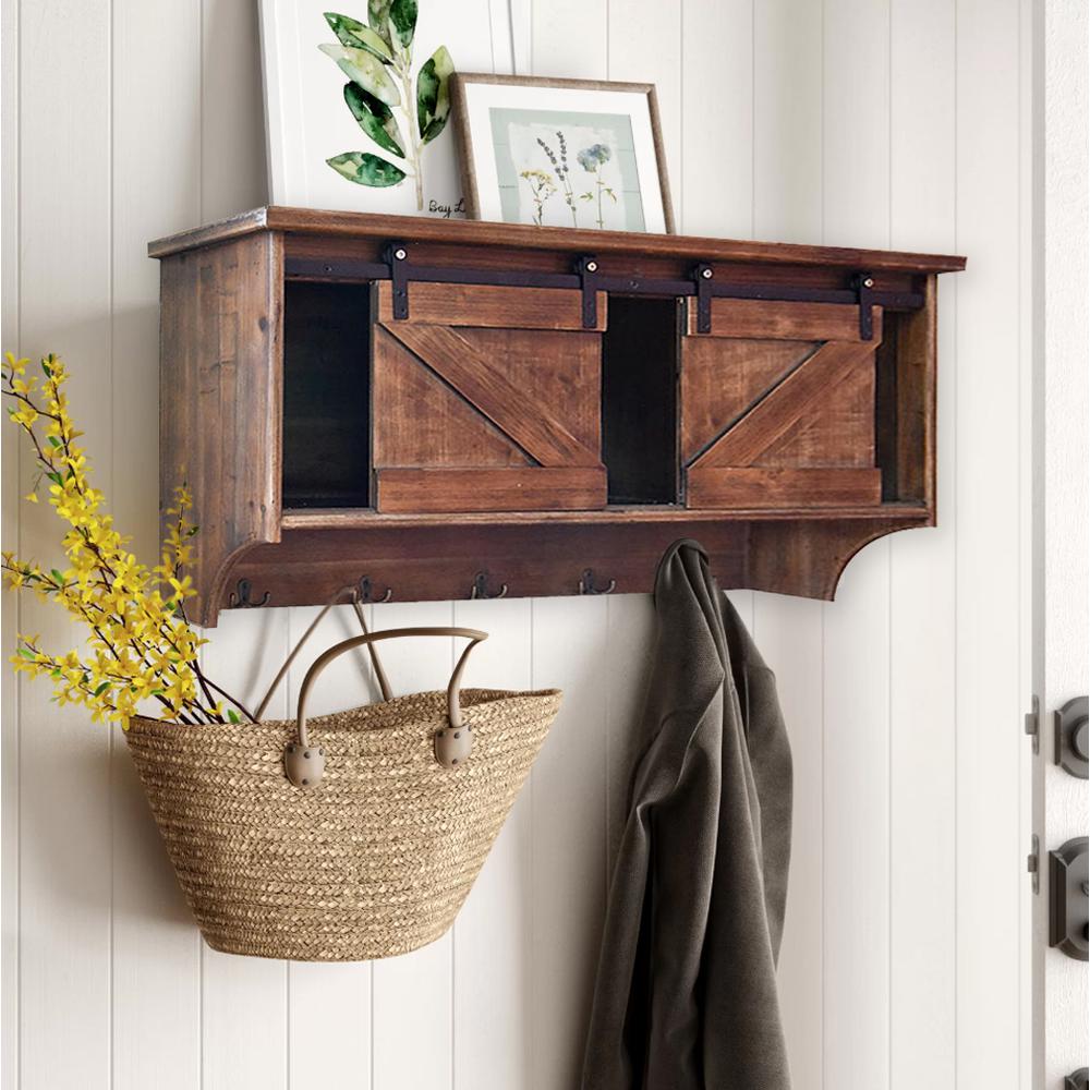 Rustic Wooden Shelf with Barn Door Storage and Hooks. Picture 4