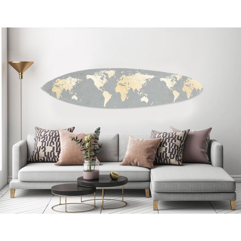 Grey and Gold World Map Surfboard Wall Art - 370400. The main picture.