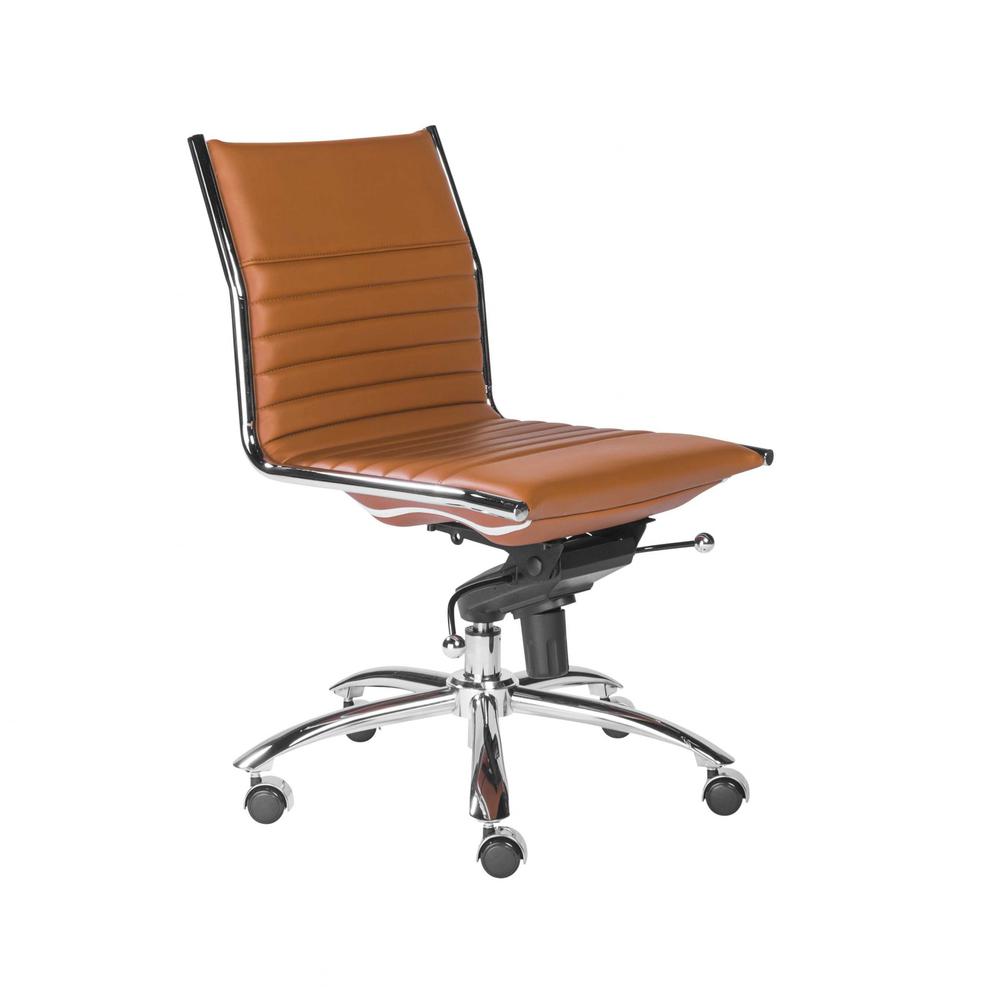 26.38" X 25.99" X 38.19" Armless Low Back Office Chair in Cognac with Chrome Base. Picture 2