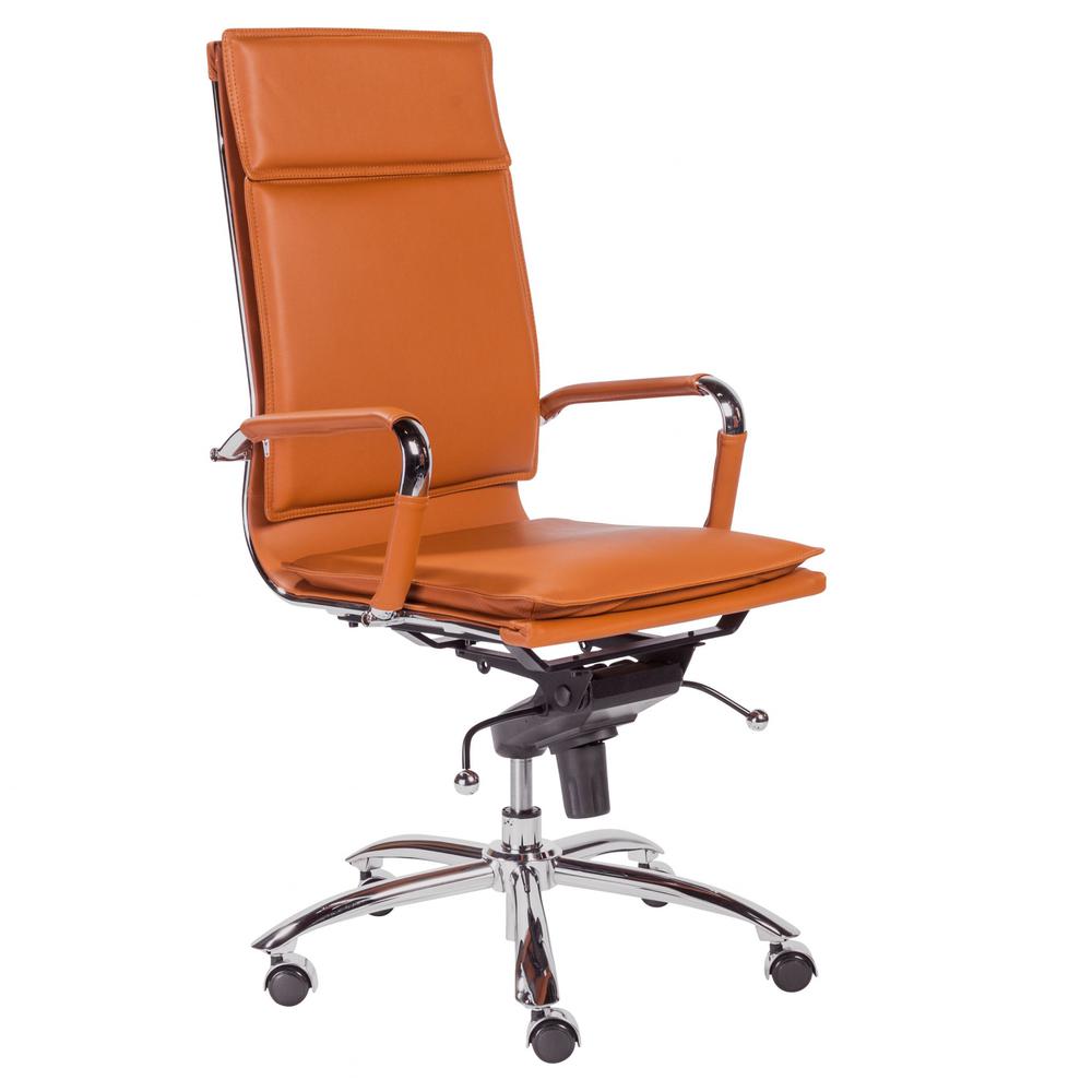 26.38" X 27.56" X 45.87" High Back Office Chair in Cognac with Chrome Base. Picture 2