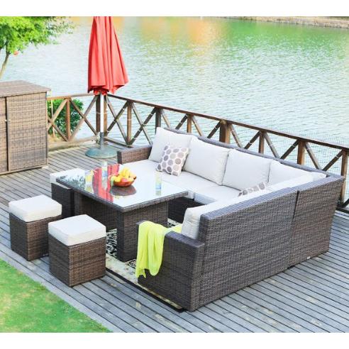 180.96" X 33.54" X 34.71" Brown 8Piece Outdoor Sectional Set with Cushions - 372321. Picture 3