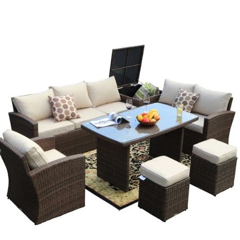 179.85" X 31.89" 32.68" Brown 7Piece Steel Outdoor Sectional Sofa Set with Ottomans and Storage Box - 372322. Picture 1