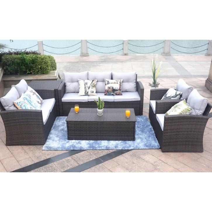 118.56" X 31.59" X 14.82" Brown 6-Piece Patio Conversation Set with Cushions and Storage Boxs - 372323. Picture 2