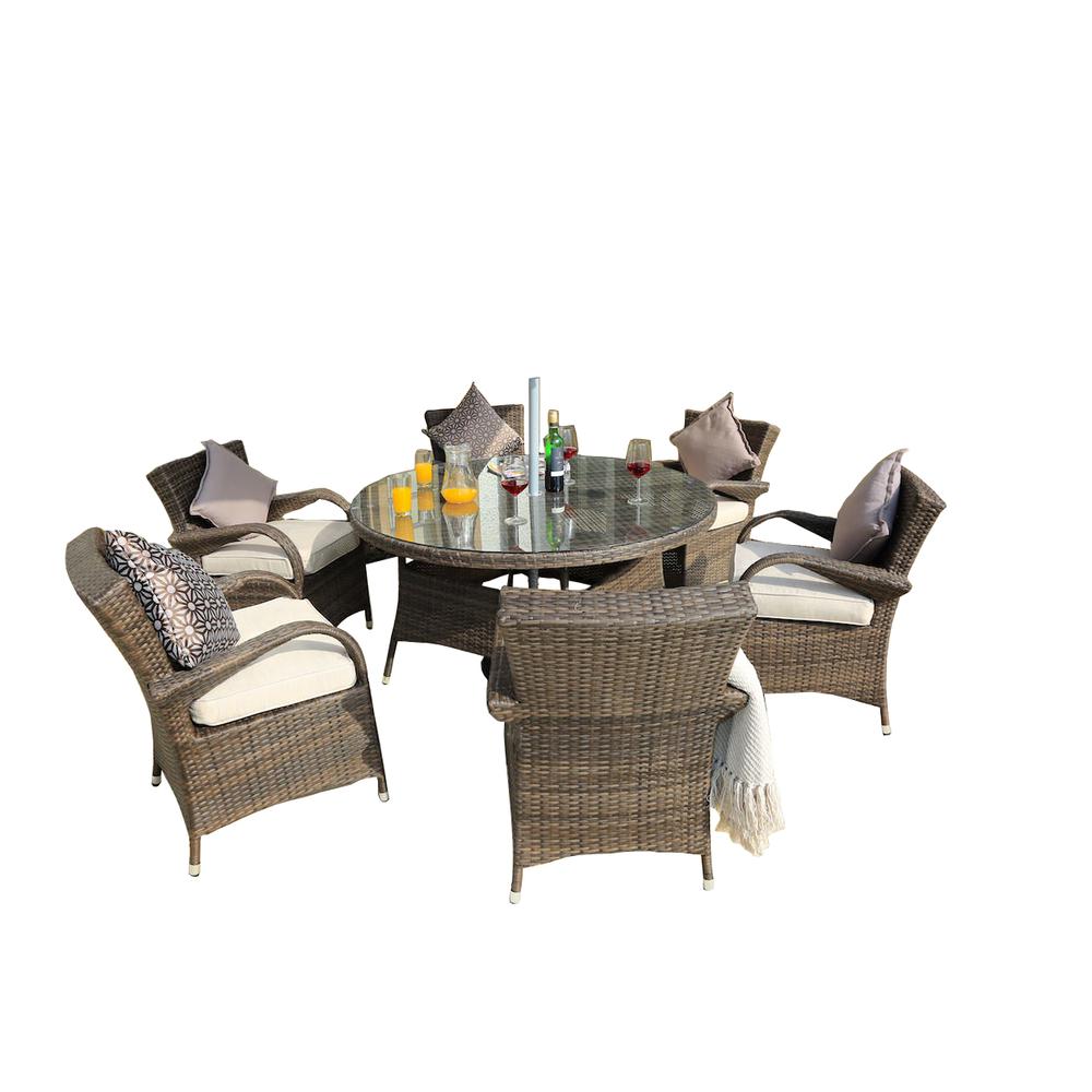 211" X 55" X 32" Brown 7Piece Outdoor Dining Set with Washed Cushion - 372324. Picture 1