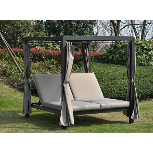 161.85" X 71.37" X 8.58" Gray Outdoor Steel Metal Adjustable Day Bed with Canopy and Taupe Cushions - 372327. Picture 5