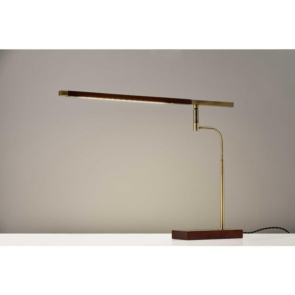 Walnut Wood Finish and Antique Brass Metal Adjustable LED Desk Lamp with USB Port - 372507. Picture 1