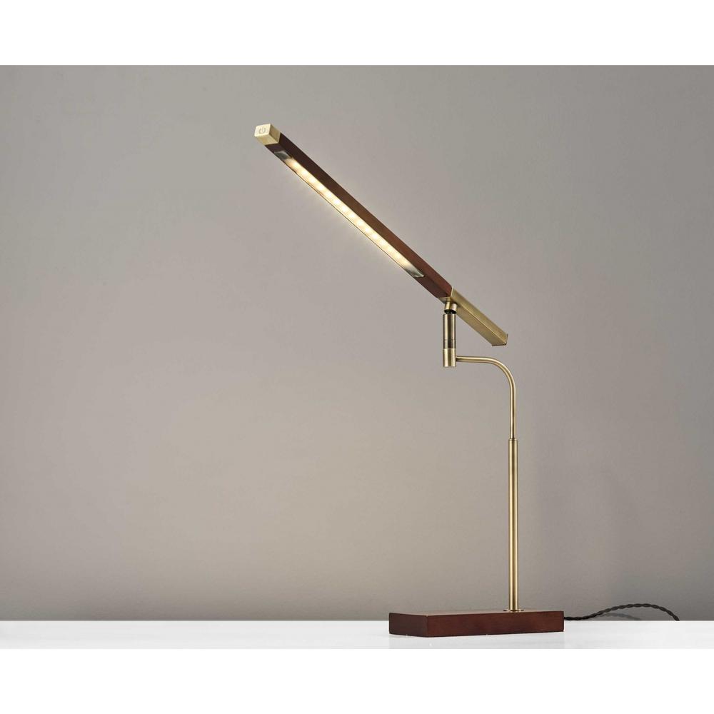 Walnut Wood Finish and Antique Brass Metal Adjustable LED Desk Lamp with USB Port - 372507. Picture 2