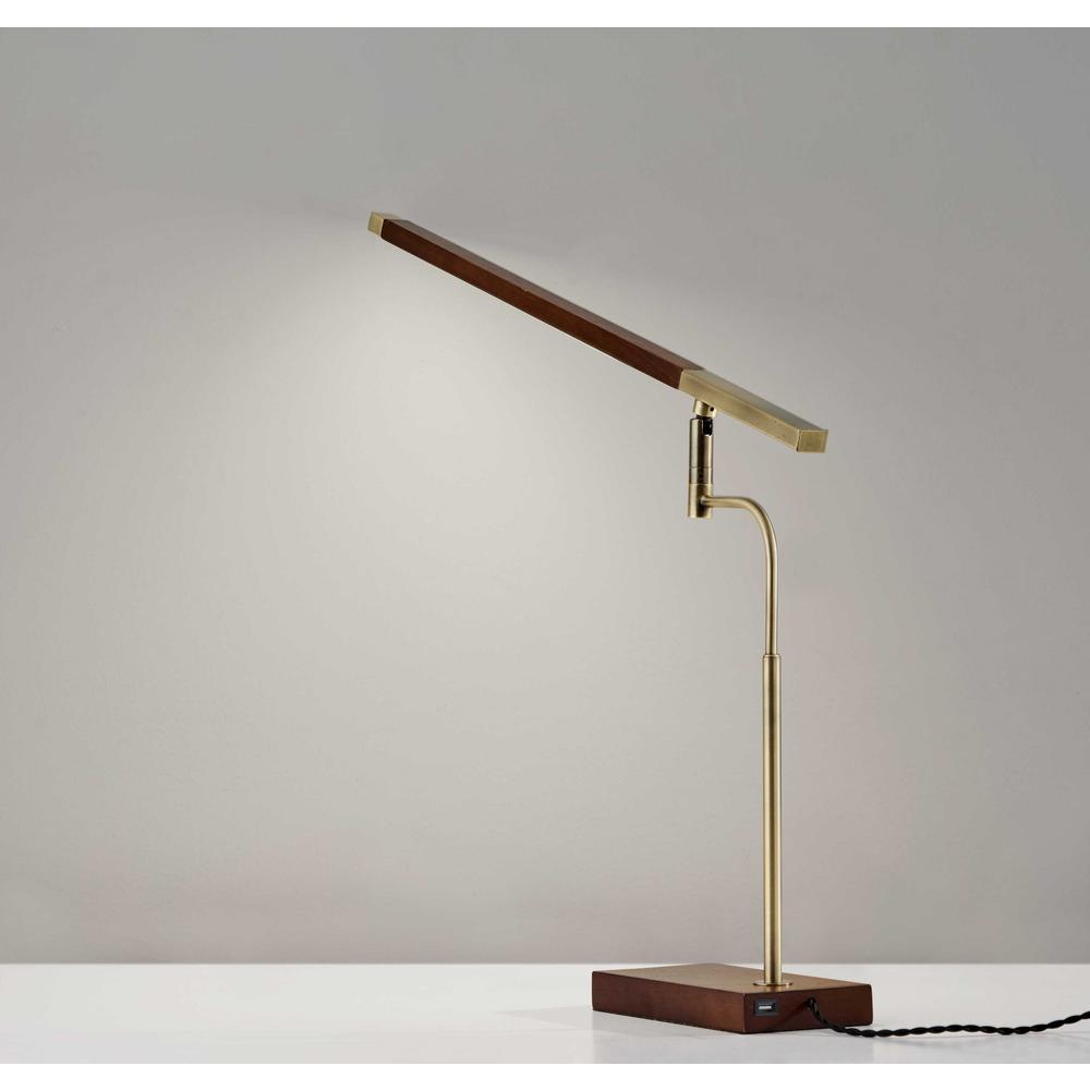 Walnut Wood Finish and Antique Brass Metal Adjustable LED Desk Lamp with USB Port - 372507. Picture 3