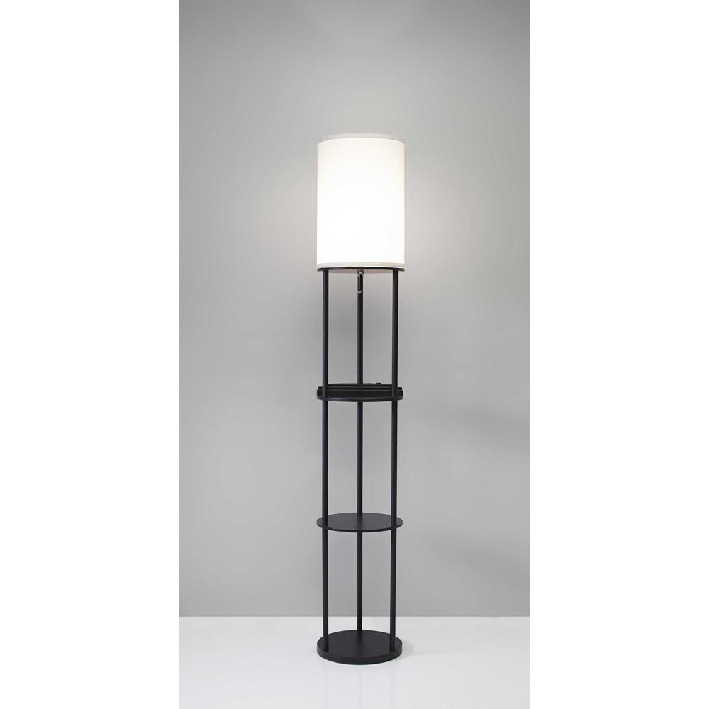 Black Wood Floor Lamp with Circular USB Charging Station Shelf. Picture 1