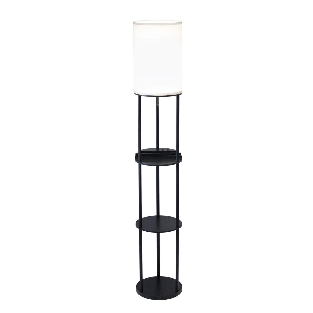 Black Wood Floor Lamp with Circular USB Charging Station Shelf. Picture 2