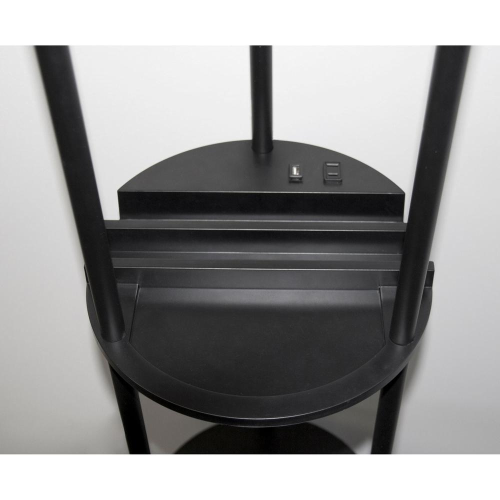 Black Wood Floor Lamp with Circular USB Charging Station Shelf. Picture 3