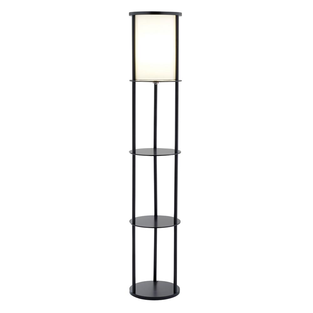 Black Wood Finish Floor Lamp with Circular Storage Shelves. Picture 1