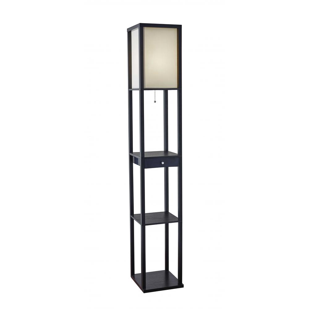 Black Wood Finish Floor Lamp with Display Shelf and Storage Drawer. Picture 1