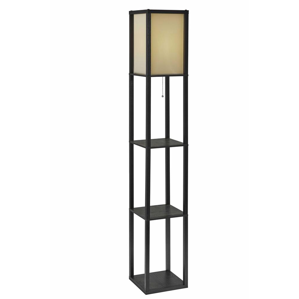 Floor Lamp with Black Wood Finish Storage Shelves. Picture 1