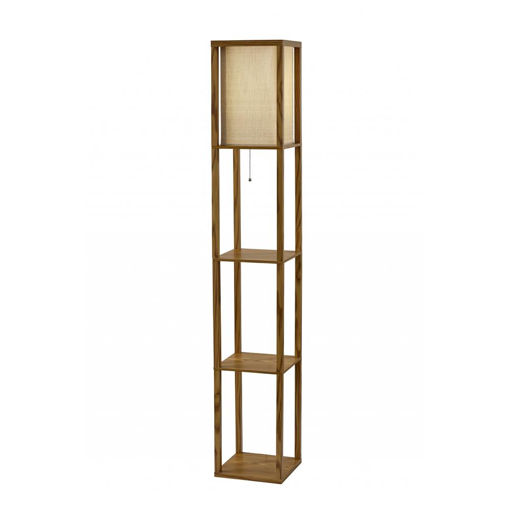 Floor Lamp with Natural Wood Finish Storage Shelves. Picture 1