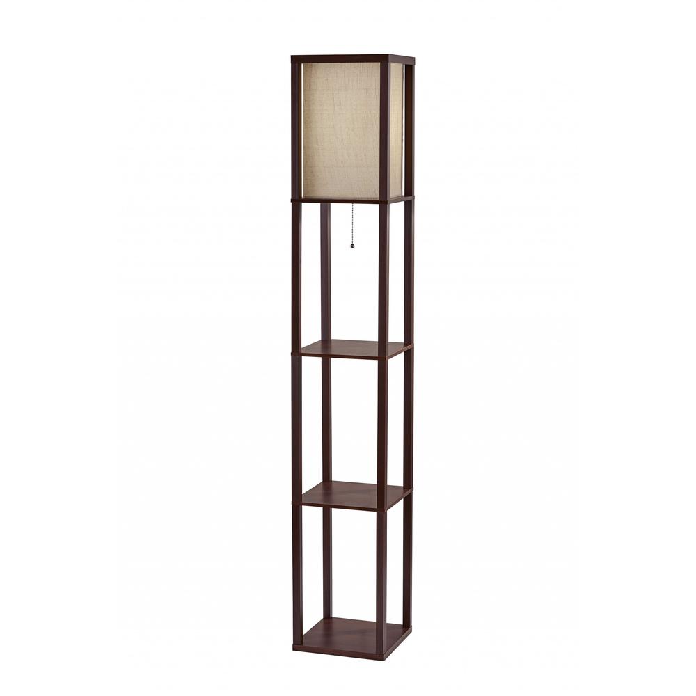 Floor Lamp with Walnut Wood Finish Storage Shelves. Picture 1