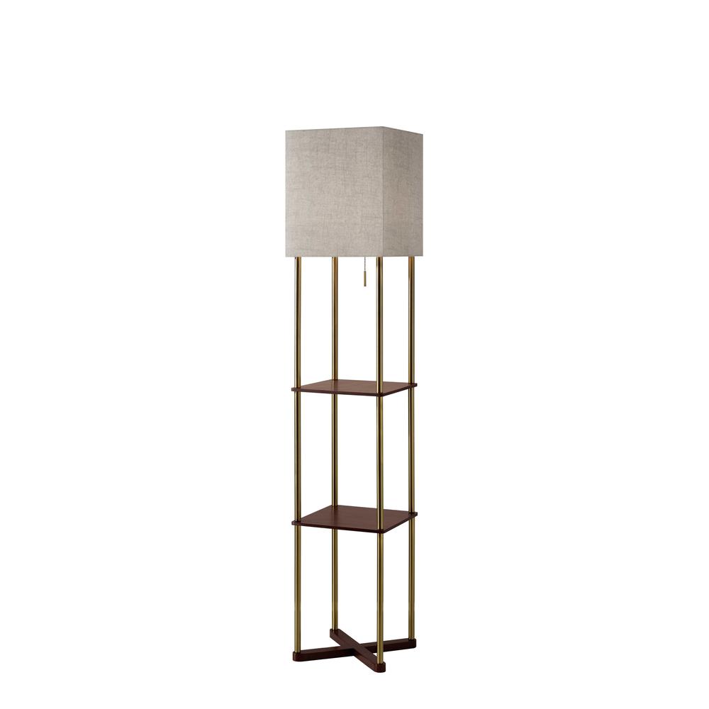 Floor Lamp with Antique Brass Poles and Walnut Wood Finish Storage Shelves with Two USB Ports - 372531. Picture 1