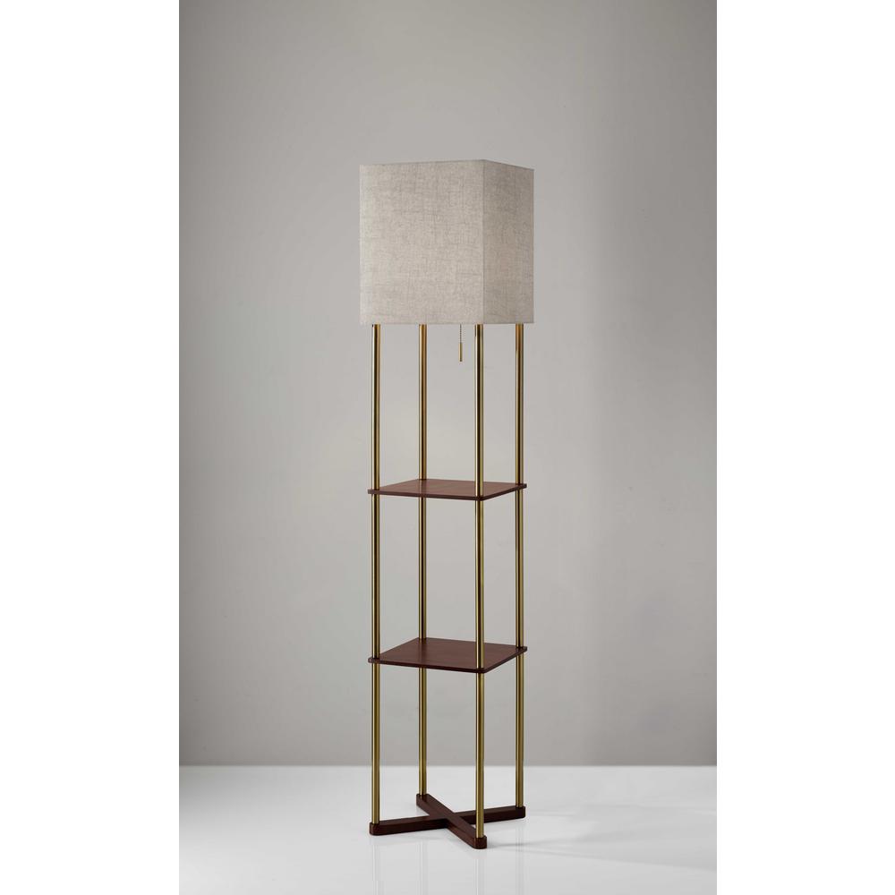 Floor Lamp with Antique Brass Poles and Walnut Wood Finish Storage Shelves with Two USB Ports - 372531. Picture 3