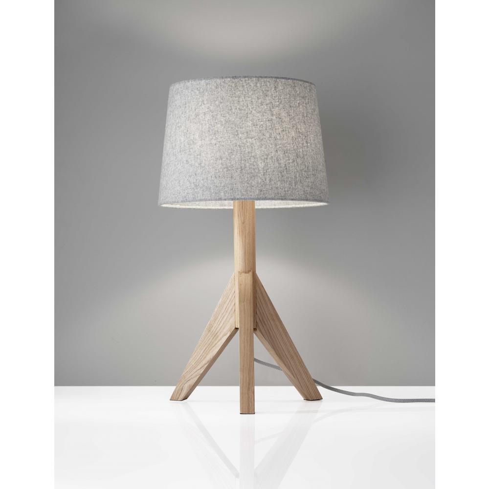 Natural Wood Tripod Base with Grey Felt Tapered Drum Shade Table Lamp - 372538. Picture 1