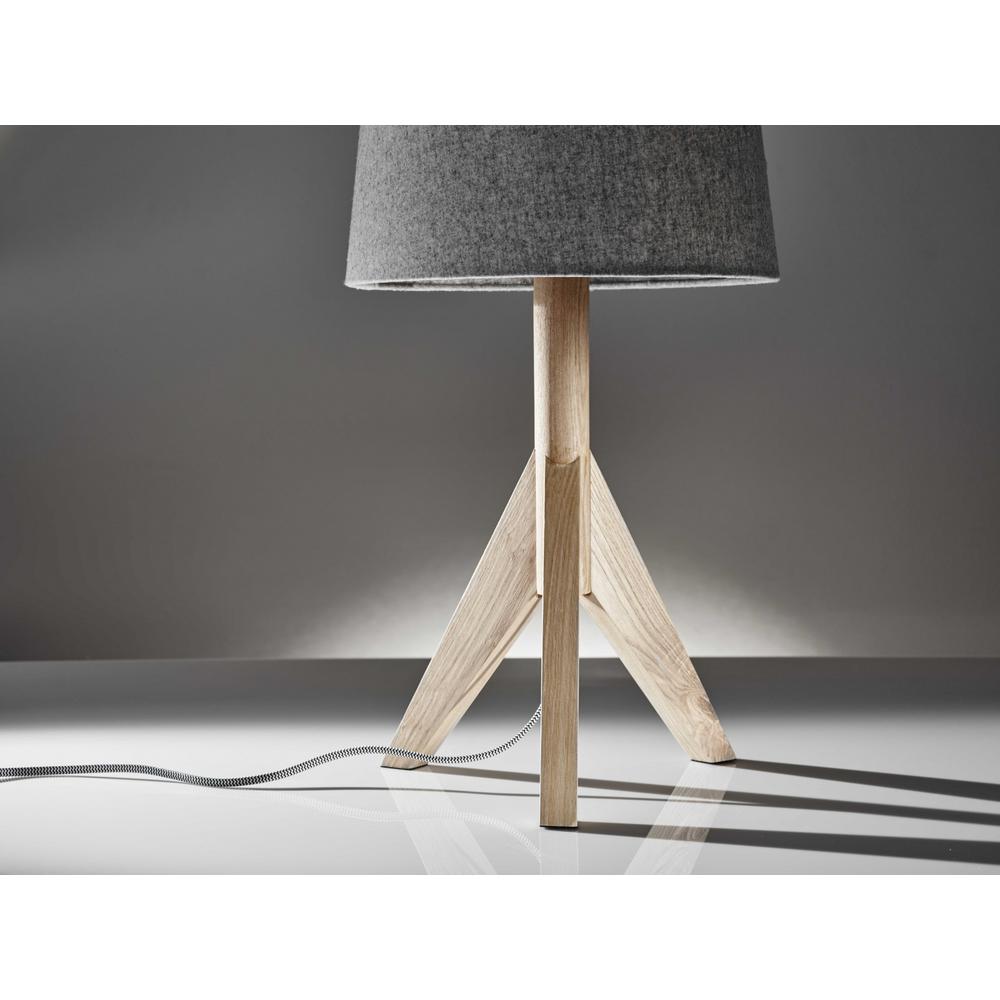 Natural Wood Tripod Base with Grey Felt Tapered Drum Shade Table Lamp - 372538. Picture 3