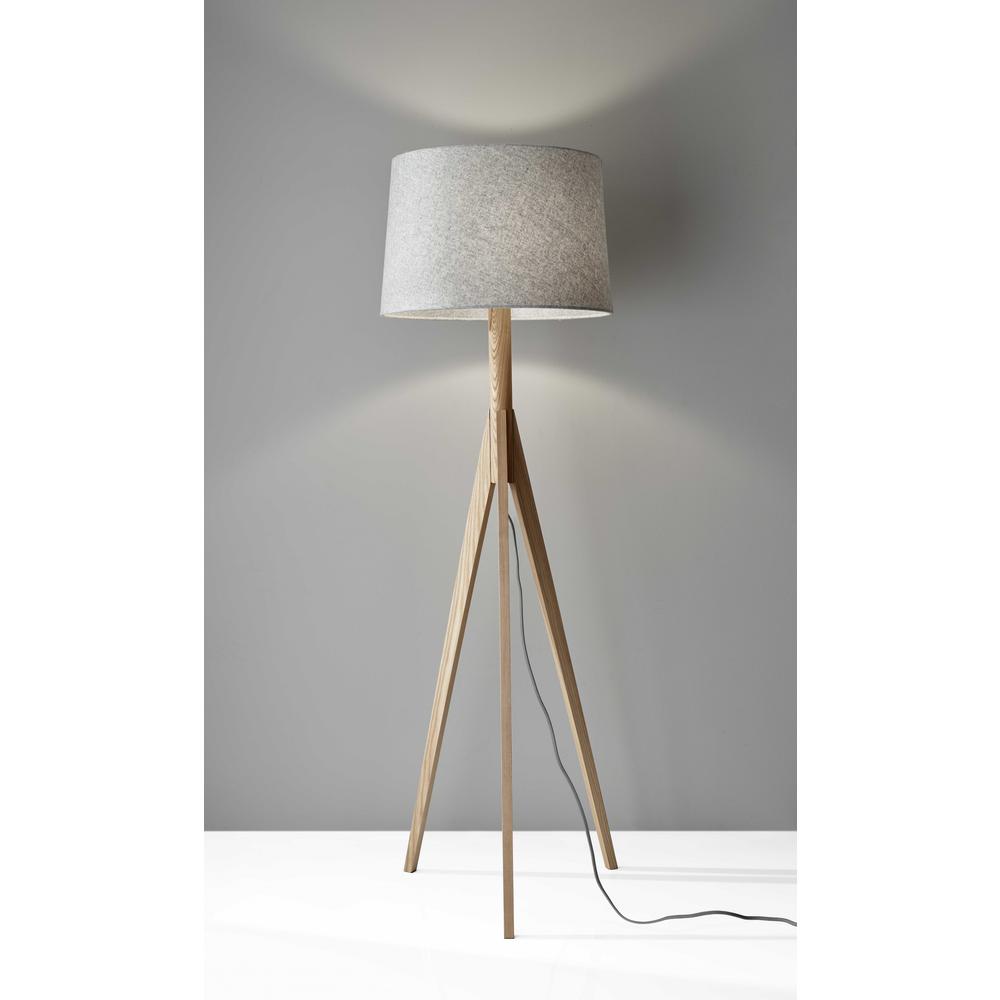 Natural Wood Floor Lamp with Tripod Base and Grey Felt Tapered Drum Shade. Picture 1