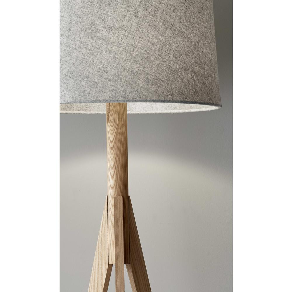 Natural Wood Floor Lamp with Tripod Base and Grey Felt Tapered Drum Shade. Picture 2