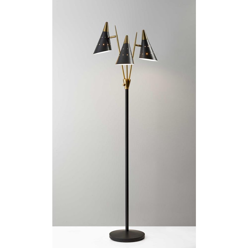 Black Metal Floor Lamp with Three Adjustable Antique Brass Accented Cone Shades. Picture 1