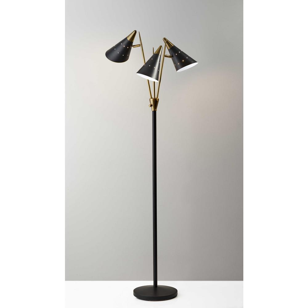 Black Metal Floor Lamp with Three Adjustable Antique Brass Accented Cone Shades. Picture 2