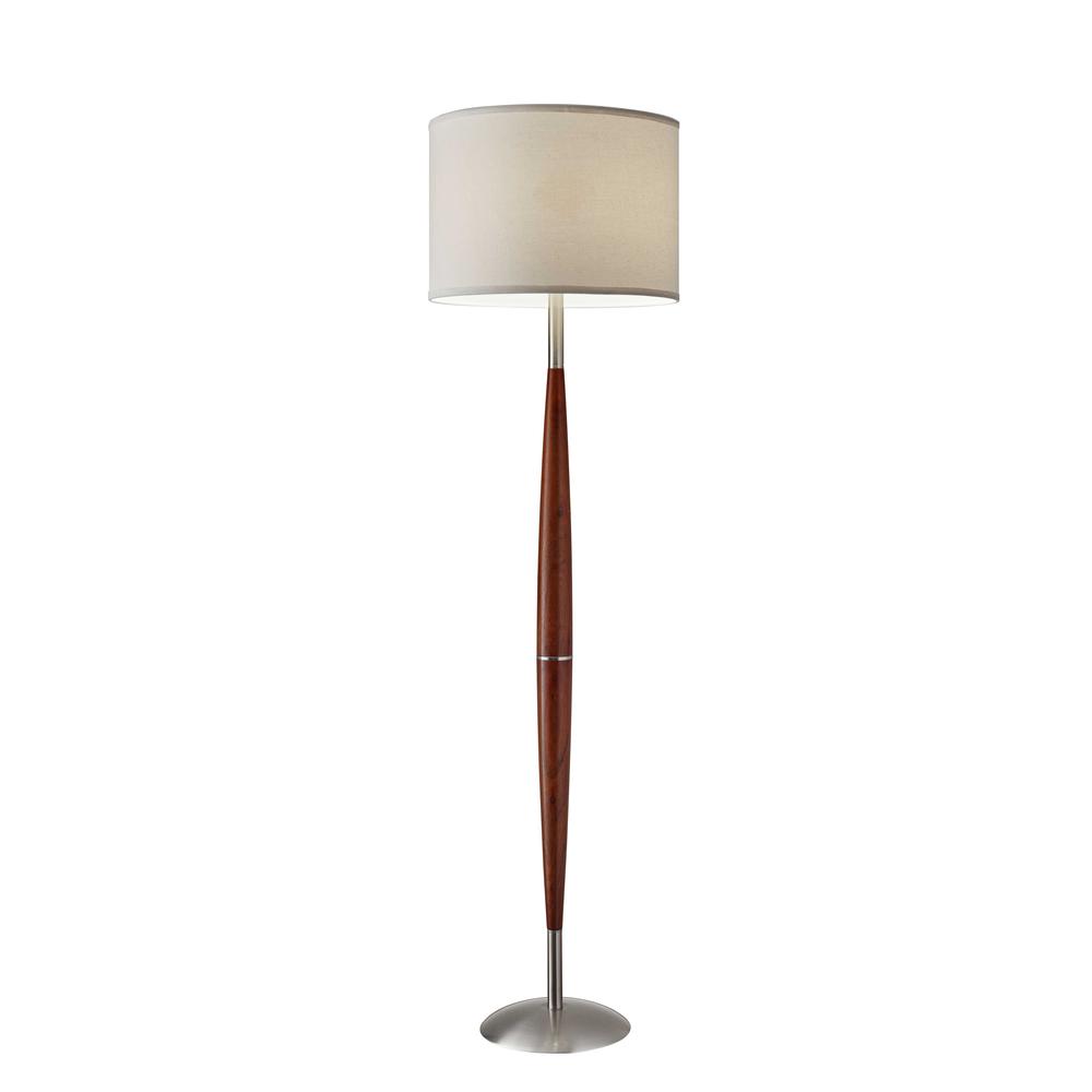 Elliptical Shape Walnut Wood Finish Floor Lamp with Satin Steel Accents and White Fabric Drum Shade. Picture 1