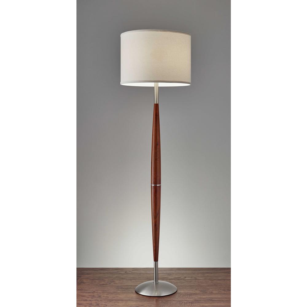 Elliptical Shape Walnut Wood Finish Floor Lamp with Satin Steel Accents and White Fabric Drum Shade. Picture 2